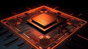 Micro CPU on circuit board with red lighting 3D. Generative Ai. photo