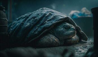 A turtle sleeps among the piles of plastic waste, concept of saving the world. Generative AI. photo