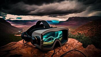 Metaverse, Future game and entertainment digital technology, VR virtual reality glasses, . photo