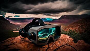 Metaverse, Future game and entertainment digital technology, VR virtual reality glasses, Generative AI. photo