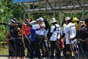 kotawaringin timur, Indonesia, julio 2023 - tiro al arco competencia a el provincial Deportes semana en central borneo foto