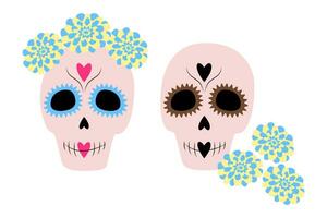 Set of 2 Sugar Skull with a wreath of flowers in trendy shades. Day of the Dead. Dia de los muertos vector