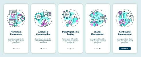 2D icons representing enterprise resource planning mobile app screen set. Walkthrough 5 steps graphic instructions with linear icons concept, UI, UX, GUI template. vector