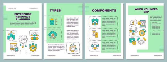 Enterprise resource planning brochure template, green leaflet design with thin linear icons, 4 vector layouts.