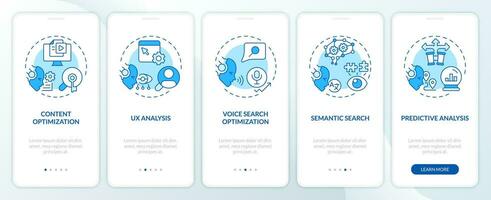 2D icons representing AI for SEO mobile app screen set. Walkthrough 5 steps blue graphic instructions with thin line icons concept, UI, UX, GUI template. vector