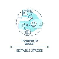 2D editable transfer to wallet thin line icon concept, isolated vector, blue illustration representing digital currency. vector