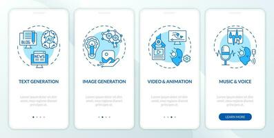 2D icons representing AI for SEO mobile app screen set. Walkthrough 4 steps blue graphic instructions with thin linear icons concept, UI, UX, GUI template. vector