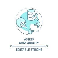 Editable assess data quality concept blue thin line icon, isolated vector representing data democratization.