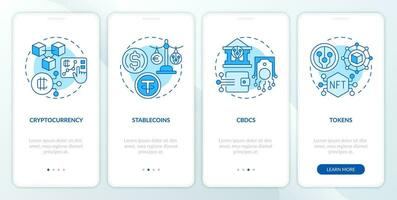 2D icons representing digital currency mobile app screen set. Walkthrough 4 steps blue graphic instructions with thin linear icons concept, UI, UX, GUI template. vector