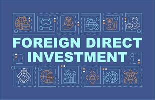 Foreign direct investment text concept with various icons on dark blue monochromatic background, editable 2D vector illustration.