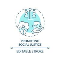 Editable promoting social justice concept blue thin line icon, isolated vector representing data democratization.