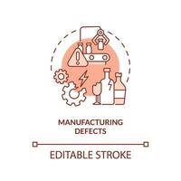 2D editable manufacturing defects thin line icon concept, isolated vector, red illustration representing product liability. vector