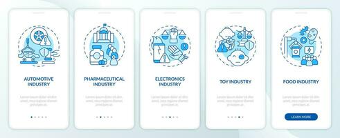 2D icons representing product liability mobile app screen set. Walkthrough 5 steps blue graphic instructions with thin line icons concept, UI, UX, GUI template. vector