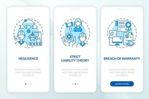 2D icons representing product liability mobile app screen set. Walkthrough 3 steps blue graphic instructions with linear icons concept, UI, UX, GUI template. vector