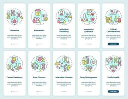 Precision medicine onboarding mobile app screens set. Walkthrough 5 steps editable graphic instructions with linear concepts. UI, UX, GUI template vector