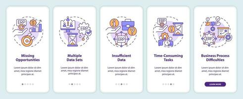 2D icons representing enterprise resource planning mobile app screen set. Walkthrough 5 steps colorful graphic instructions with thin line icons concept, UI, UX, GUI template. vector