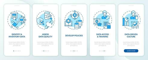 2D blue linear icons representing data democratization mobile app screen set. 5 steps graphic instructions, UI, UX, GUI template. vector