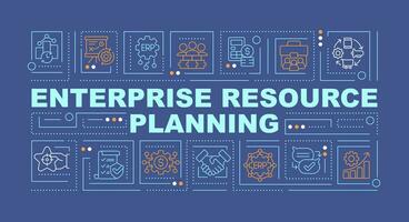 Enterprise resource planning text concept with various icons on dark blue monochromatic background, 2D vector illustration.