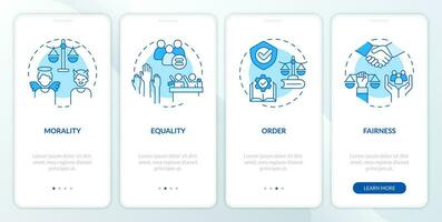 Law and justice ideas blue onboarding mobile app screen. Walkthrough 4 steps editable graphic instructions with linear concepts. UI, UX, GUI template vector