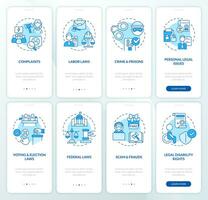 Legal cases blue onboarding mobile app screen set. Laws, regulations walkthrough 4 steps editable graphic instructions with linear concepts. UI, UX, GUI template vector