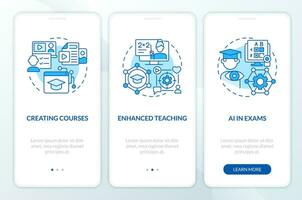 3 steps 2D blue icons representing AI in education, graphic instructions with linear concepts, app screen. vector