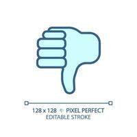 Thumbs down pixel perfect RGB color icon. Negative evaluation of product. Performing bad customer experience. Isolated vector illustration. Simple filled line drawing. Editable stroke