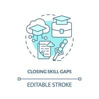 2D thin line blue icon representing closing skill gaps, isolated customizable vector illustration of futuristic learning, innovation in education.