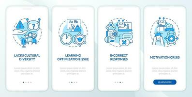 2D blue icons representing disadvantages in AI education, graphic instructions with linear concepts, app screen. vector