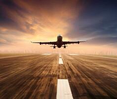 air plane flying over airport runway with city scape and sunset sky background photo