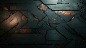 Dark and Ominous Background with Metallic Shine and Scratches Stone Wall with Glowing Cracks AI Generated photo