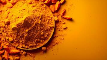 Turmeric and Flowers A Colorful and Aromatic Background with a Herbal Ingredient and a Wooden Plate AI Generative photo