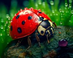 A Cute and Colorful Ladybug A Detailed Close-up Shot of a Red and Black Insect on a Green and Purple Plant AI Generative photo