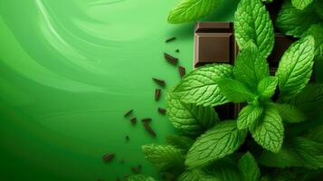 Broken Chocolate Bar and Mint Leaves A Delicious and Refreshing Background for Food Dessert AI Generative photo