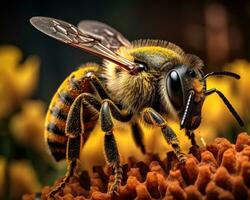 de cerca de un abeja con pelos y rayas en un naranja flor polinizando abeja con increíble det ai generativo foto