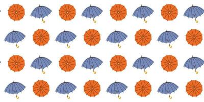 Seamless pattern with hand drawn blue red opened umbrellas on white background in flat cartoon style. For background, packaging, textile vector