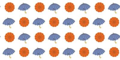 Seamless pattern with hand drawn blue red opened umbrellas on white background in flat cartoon style. For background, packaging, textile vector