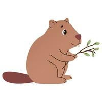Isolated cute funny beaver with branch in flat vector style on white background. Woodland life. Forest animal.