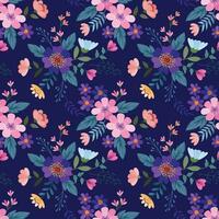 Beautiful blooming flowers on purple color background seamless pattern. vector