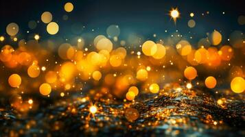 Golden Bokeh Lights on Dark Blue Background with Sparkles and Stars Bokeh Effect with Glitter best for Effects, depth, Overlay, Background in the design  AI Generative photo