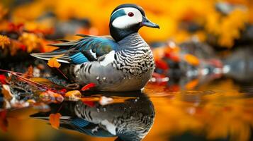 un maravilloso y intrincado imagen de un Pato con un único plumaje y un borroso otoño antecedentes ai generado foto