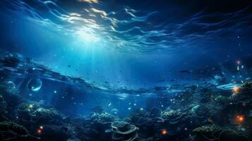 profundo azul Oceano con vistoso coral y pescado un tranquilo y profesional diseño ai generado foto