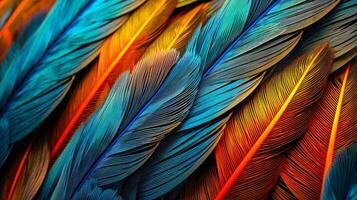 arco iris vistoso pluma modelo un detallado ver de el azul, naranja, y amarillo plumas de un tropical pájaro ai generativo foto