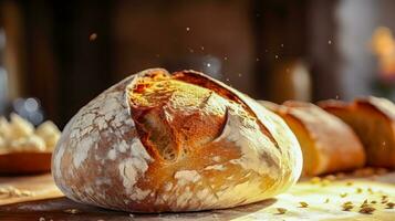 crujiente y suave de masa fermentada pan en rústico cocina mostrador ai generativo foto