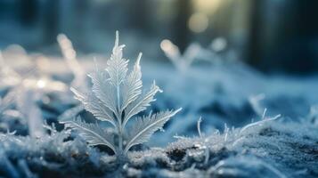 Discover the Beauty of Nature in Winter A Closeup of a Frozen Leaf with Intricate Frost Patterns AI Generative photo