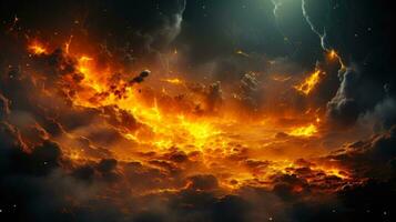 Orange and Yellow Clouds on Fire with Lightning Bolts in a Dark Sky AI Generative photo