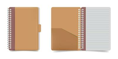 Open and closed binder notebook mockups. Notebook with a brown leather cover. The cover of the notebook and the inside of the notebook. Media for writing notes vector