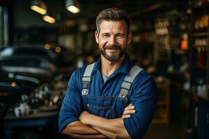 Technician, male auto mechanic in coverall in modern auto repair shop, garage. Generative AI photo