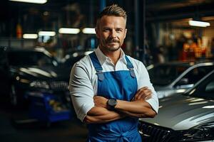 Technician, male auto mechanic in coverall in modern auto repair shop, garage. Generative AI photo