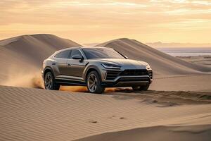 luxury car on sand dunes. Generative AI photo