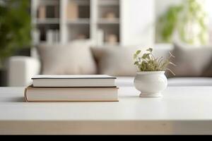 Close - up Modern white table top with free space to edit your product display with books above the living room blurred in the background. Generative AI photo